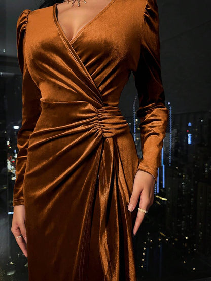 Valletta Velvet Wrap V Neck Ruched Midi Dress