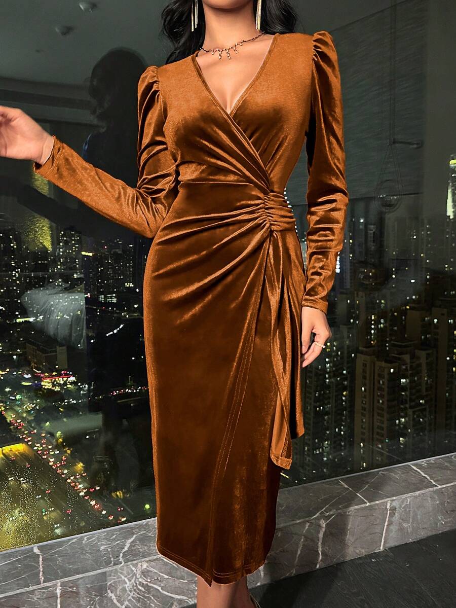 Valletta Velvet Wrap V Neck Ruched Midi Dress