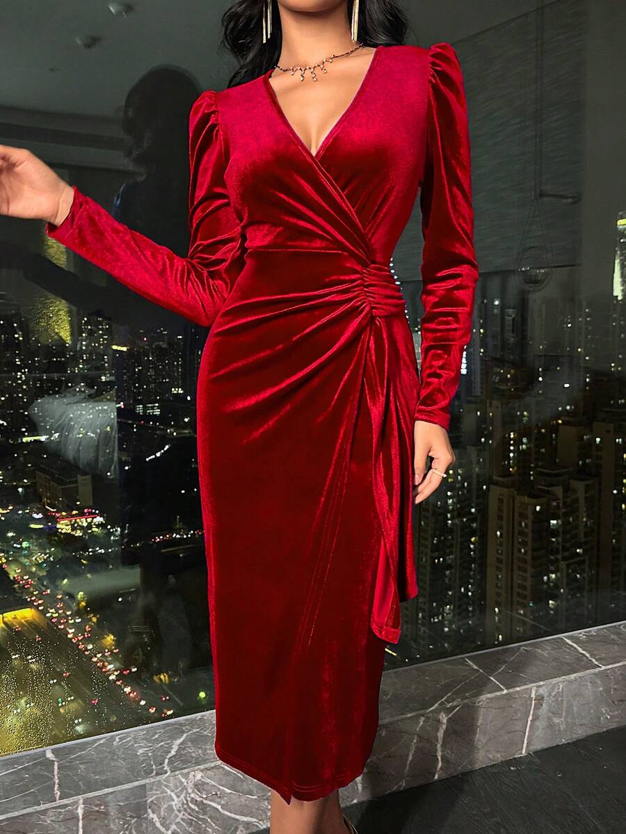 Valletta Velvet Wrap V Neck Ruched Midi Dress