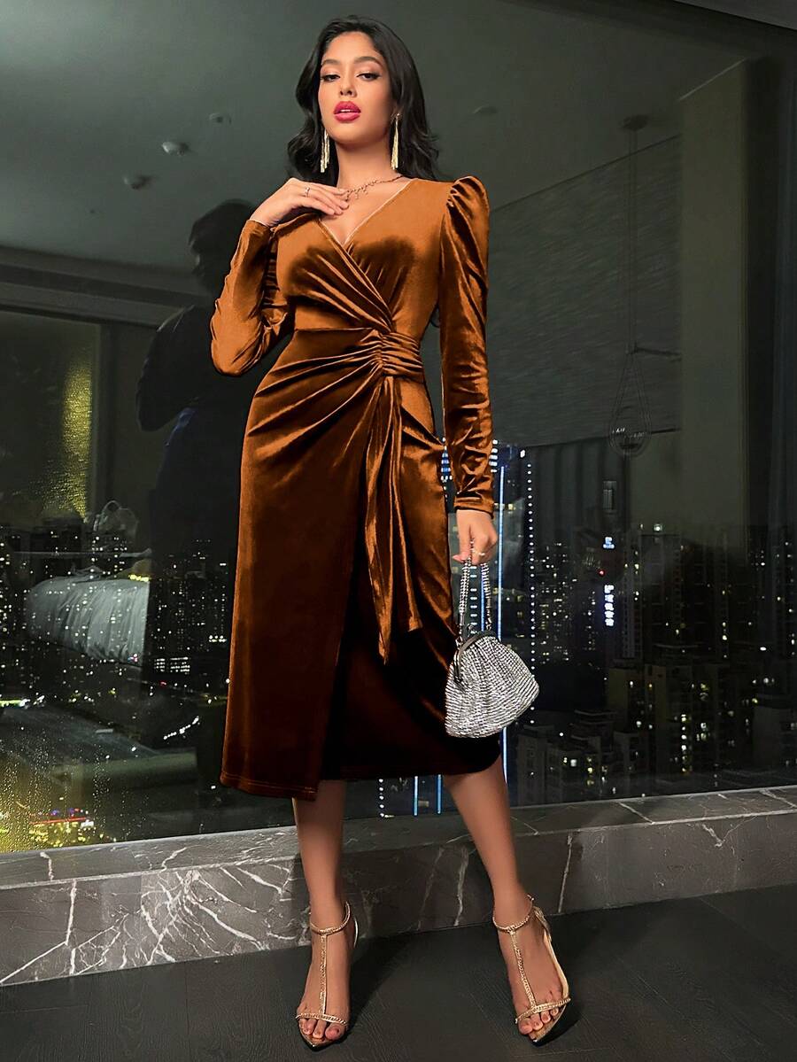 Valletta Velvet Wrap V Neck Ruched Midi Dress
