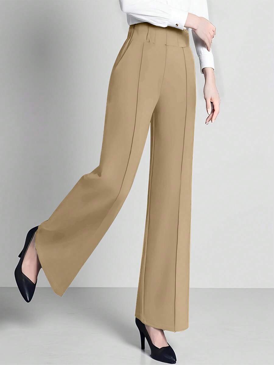 Estella Pressed Seam Straight Leg Knit Trousers - Khaki
