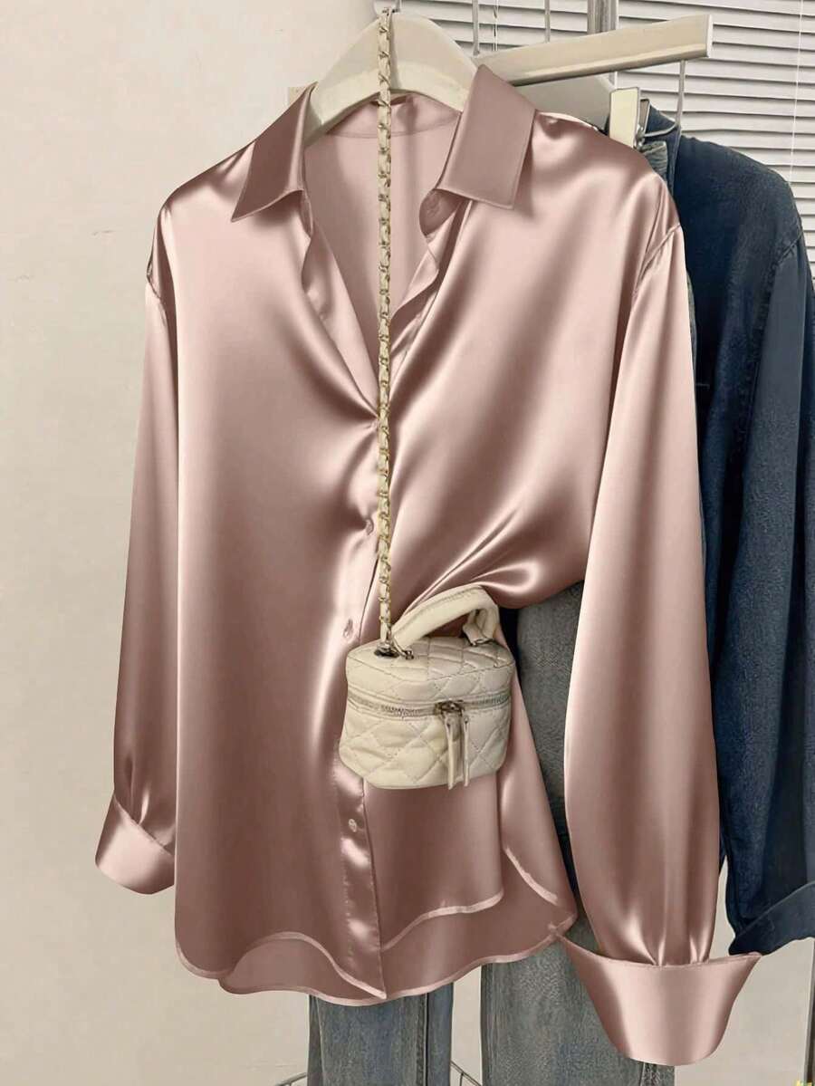 Valeria Satin Long Sleeve Button Down Collared Shirt - Rose Taupe