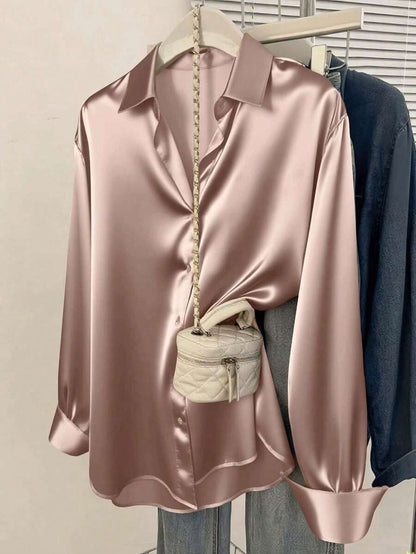 Valeria Satin Long Sleeve Button Down Collared Shirt - Rose Taupe