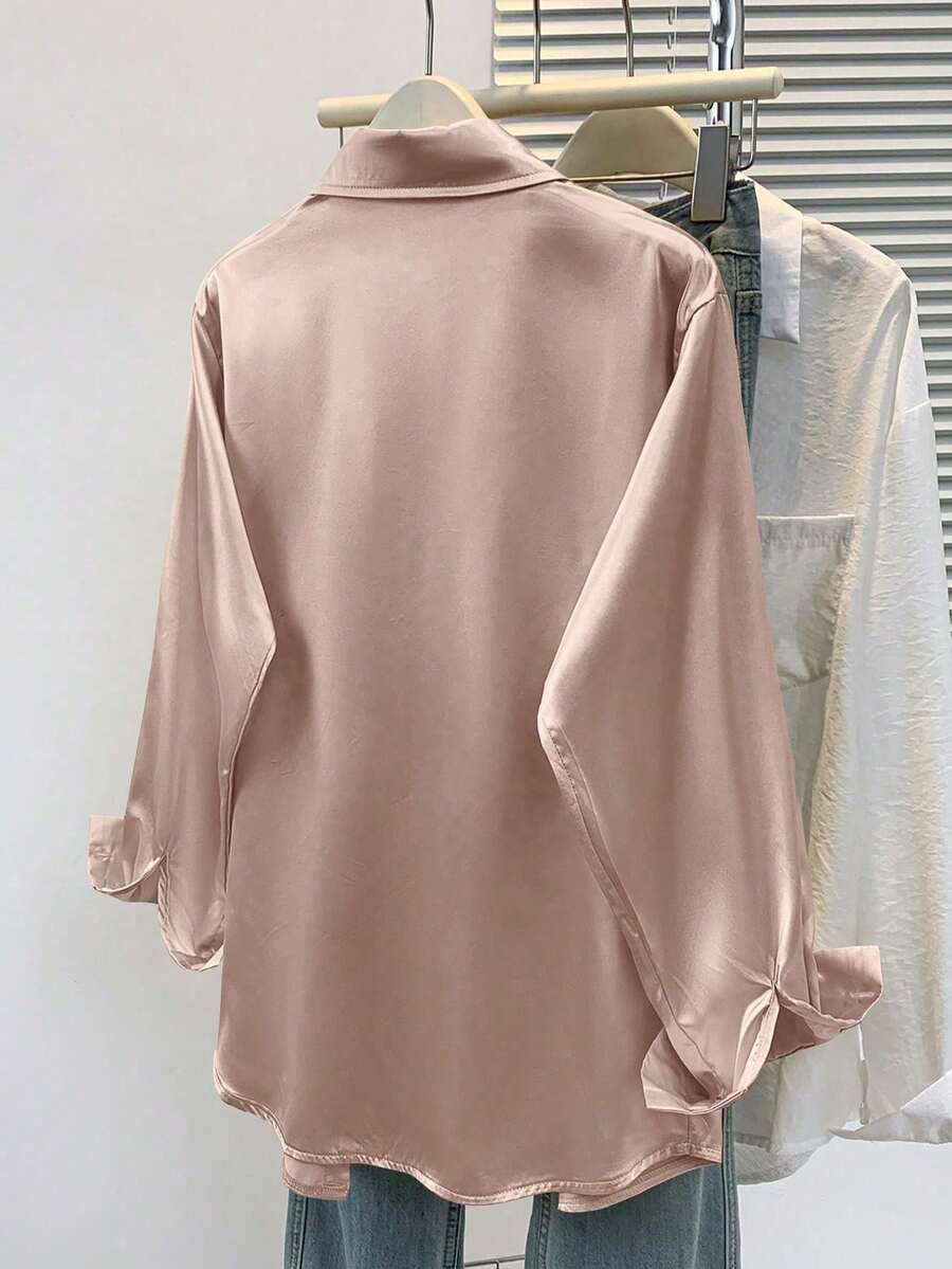 Valeria Satin Long Sleeve Button Down Collared Shirt - Rose Taupe