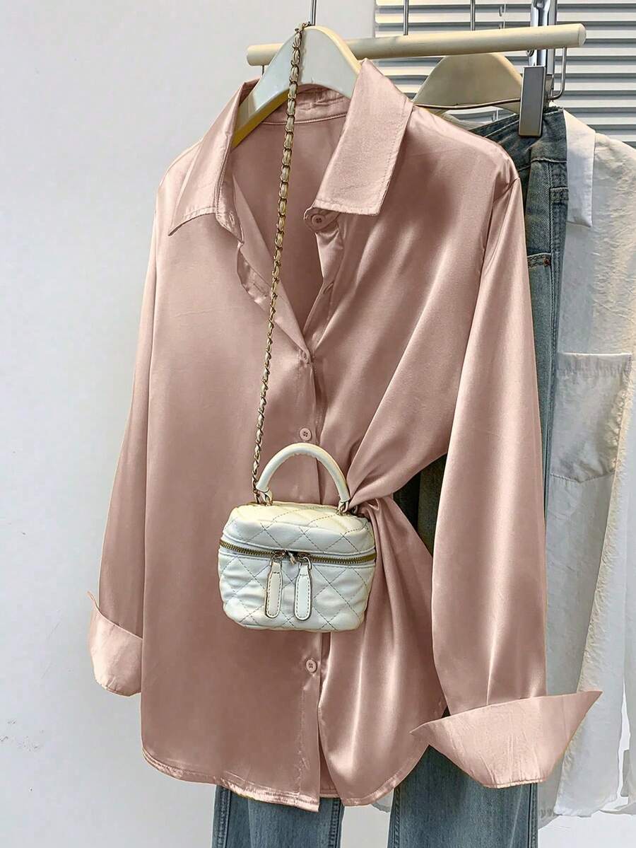 Valeria Satin Long Sleeve Button Down Collared Shirt - Rose Taupe
