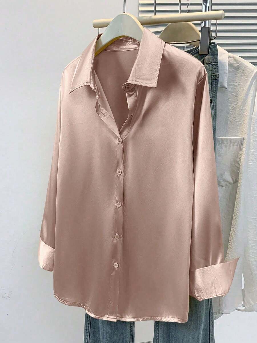 Valeria Satin Long Sleeve Button Down Collared Shirt - Rose Taupe