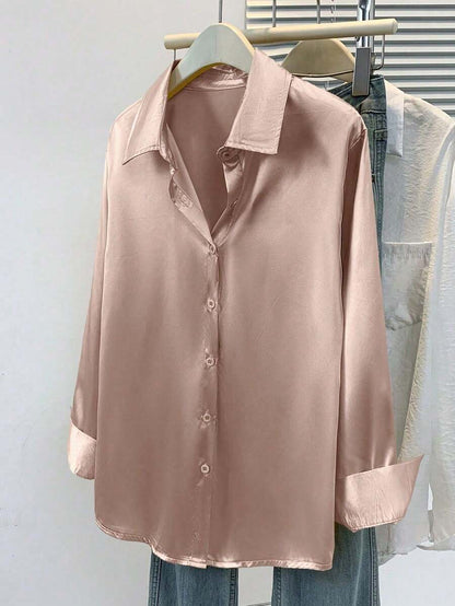 Valeria Satin Long Sleeve Button Down Collared Shirt - Rose Taupe