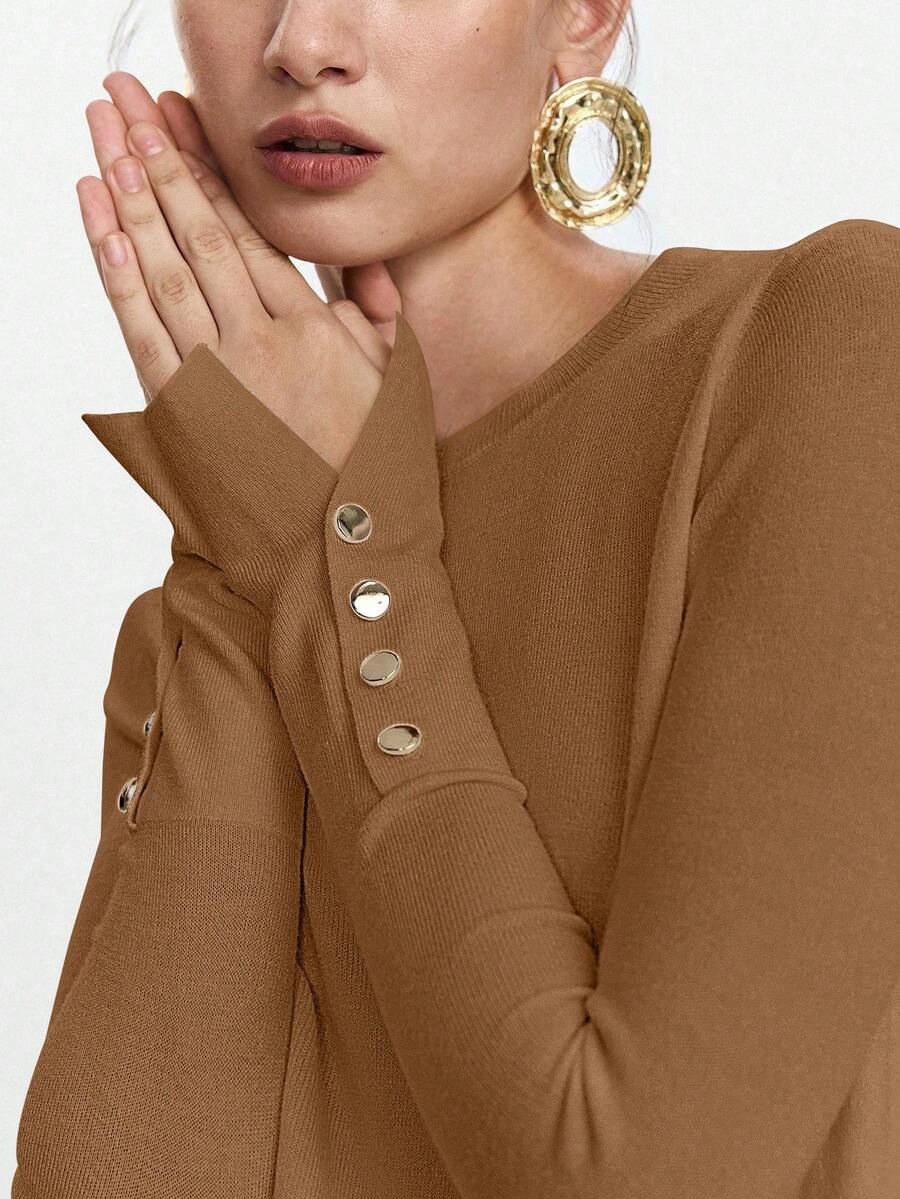 Women's Fine Knit Sweater with Button Cuffs, Lightweight Pullover for Fall Work Casual - Beige