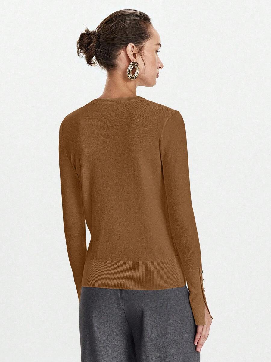 Women's Fine Knit Sweater with Button Cuffs, Lightweight Pullover for Fall Work Casual - Beige