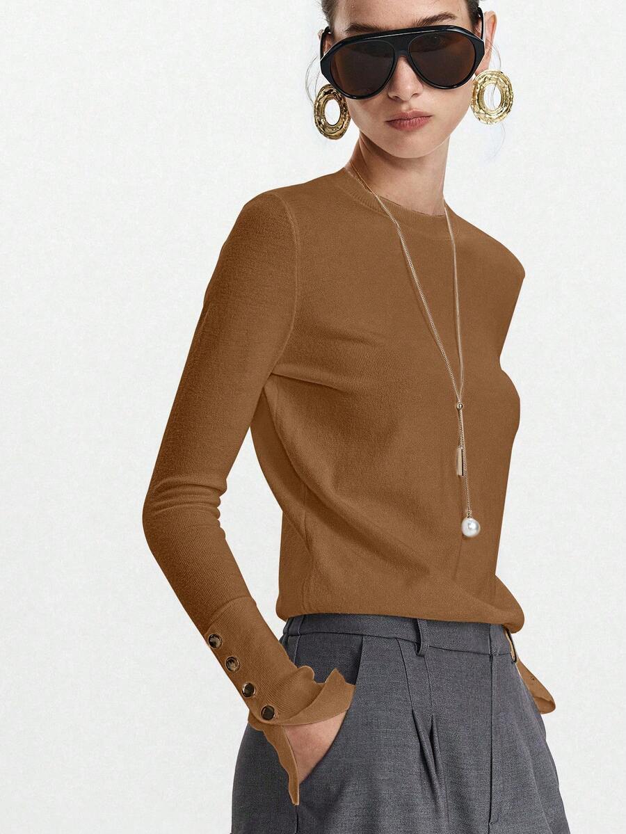 Women's Fine Knit Sweater with Button Cuffs, Lightweight Pullover for Fall Work Casual - Beige