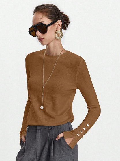 Women's Fine Knit Sweater with Button Cuffs, Lightweight Pullover for Fall Work Casual - Beige