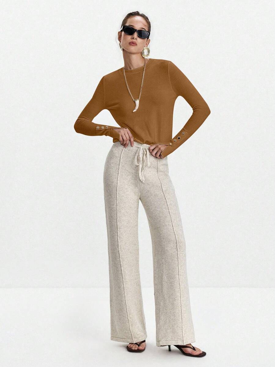 Women's Fine Knit Sweater with Button Cuffs, Lightweight Pullover for Fall Work Casual - Beige