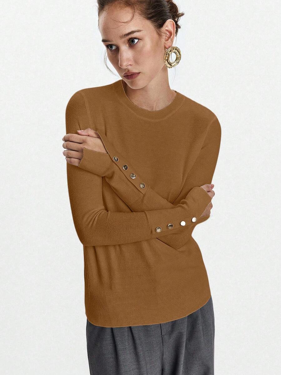 Women's Fine Knit Sweater with Button Cuffs, Lightweight Pullover for Fall Work Casual - Beige