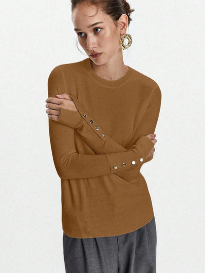Women's Fine Knit Sweater with Button Cuffs, Lightweight Pullover for Fall Work Casual - Beige
