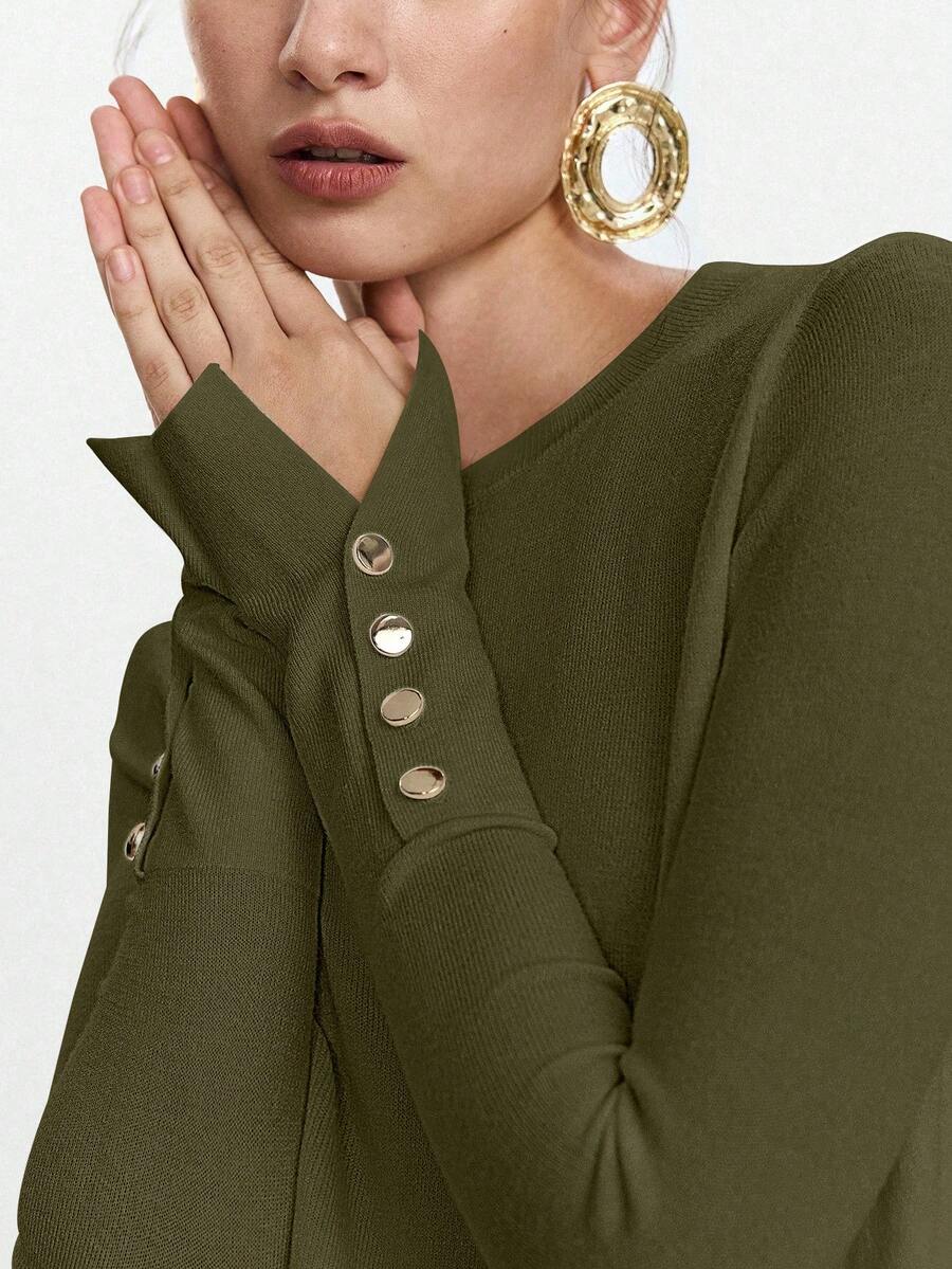 Women's Fine Knit Sweater with Button Cuffs, Lightweight Pullover for Fall Work Casual - Beige