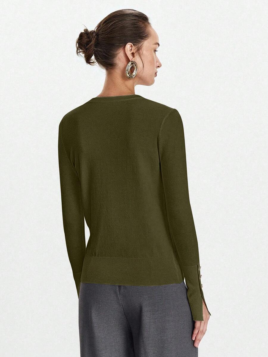 Women's Fine Knit Sweater with Button Cuffs, Lightweight Pullover for Fall Work Casual - Beige