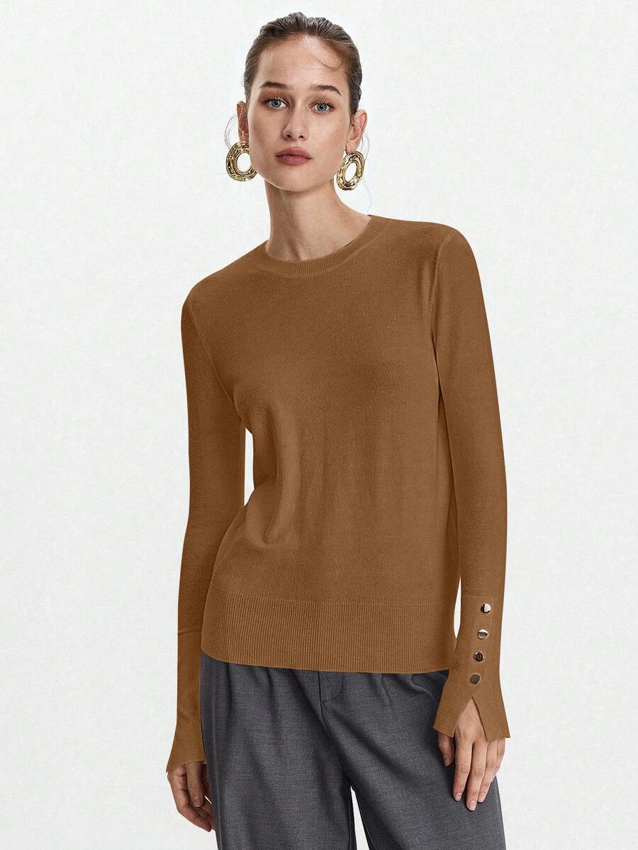Women's Fine Knit Sweater with Button Cuffs, Lightweight Pullover for Fall Work Casual - Beige