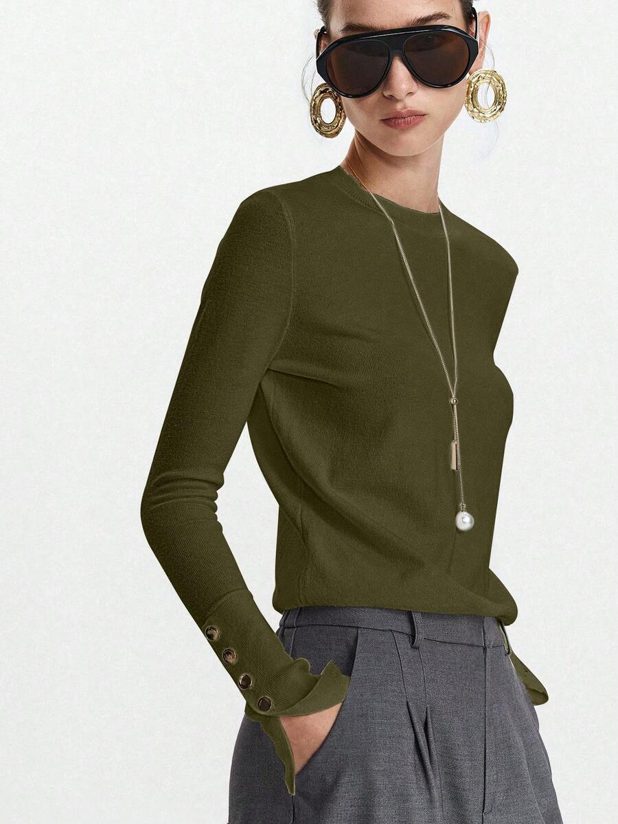 Women's Fine Knit Sweater with Button Cuffs, Lightweight Pullover for Fall Work Casual - Beige