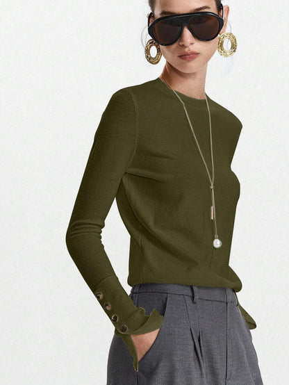Women's Fine Knit Sweater with Button Cuffs, Lightweight Pullover for Fall Work Casual - Beige