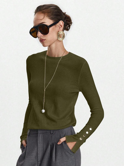 Women's Fine Knit Sweater with Button Cuffs, Lightweight Pullover for Fall Work Casual - Beige