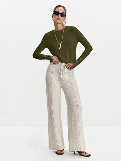Women's Fine Knit Sweater with Button Cuffs, Lightweight Pullover for Fall Work Casual - Beige