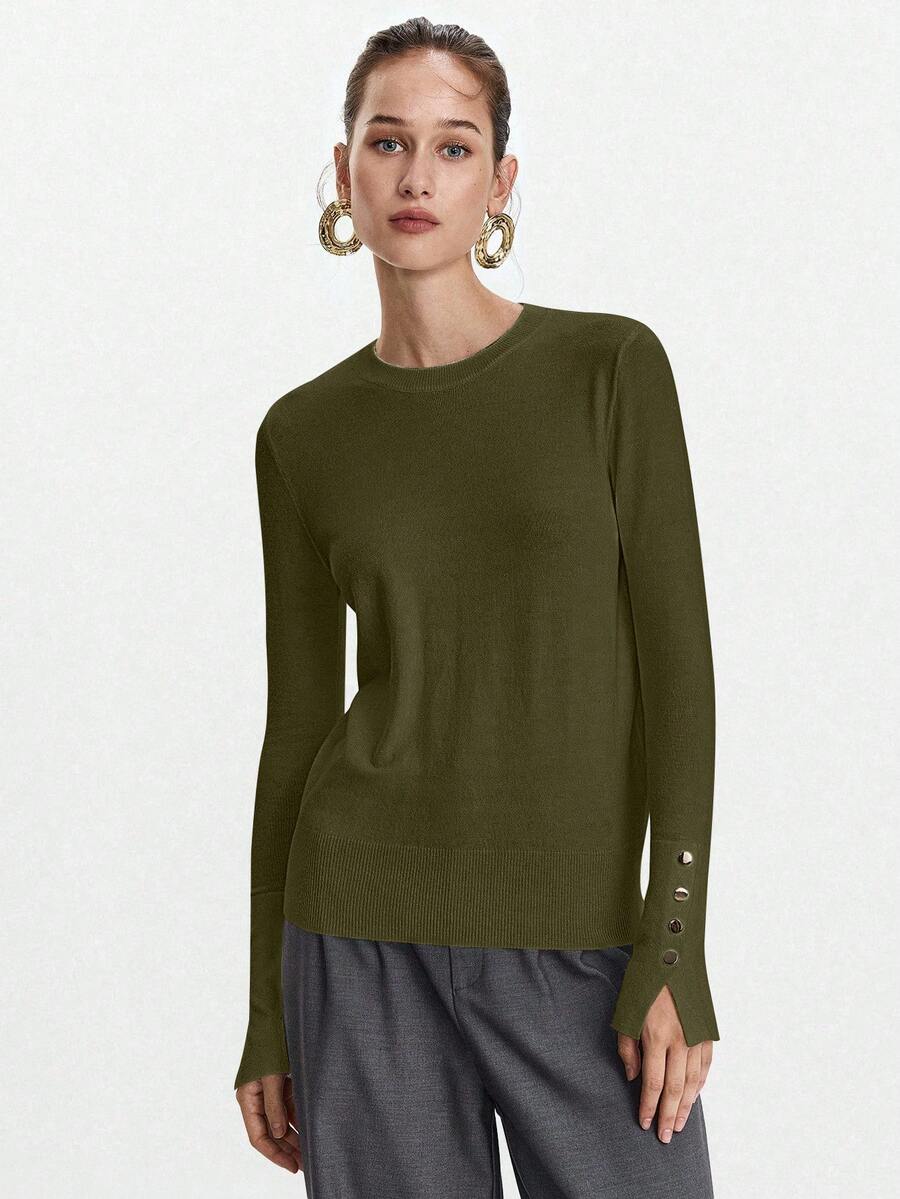 Women's Fine Knit Sweater with Button Cuffs, Lightweight Pullover for Fall Work Casual - Beige