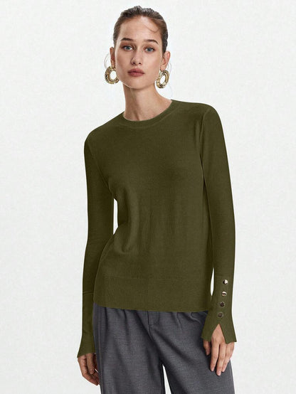 Women's Fine Knit Sweater with Button Cuffs, Lightweight Pullover for Fall Work Casual - Beige