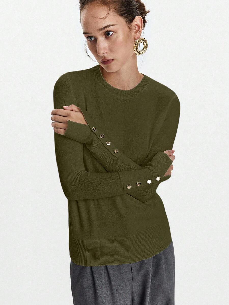 Women's Fine Knit Sweater with Button Cuffs, Lightweight Pullover for Fall Work Casual - Beige