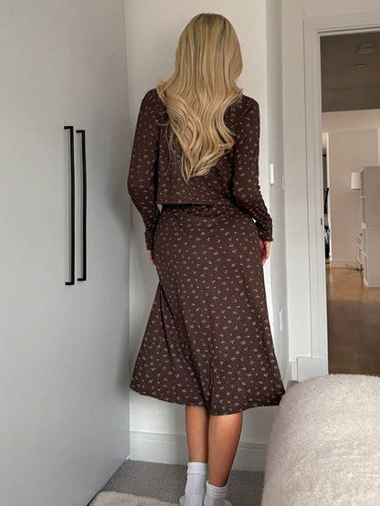 Selene Ditsy Floral Camisole Dress Long Cardigan Pajama Set - Brown