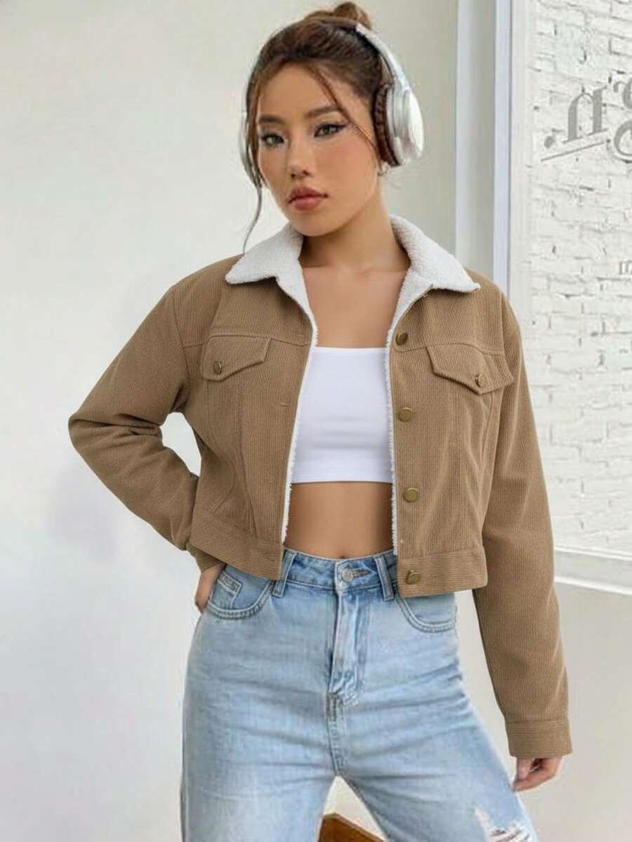 Marisol Fleece Lined Corduroy Jacket with Button Front - Khaki
