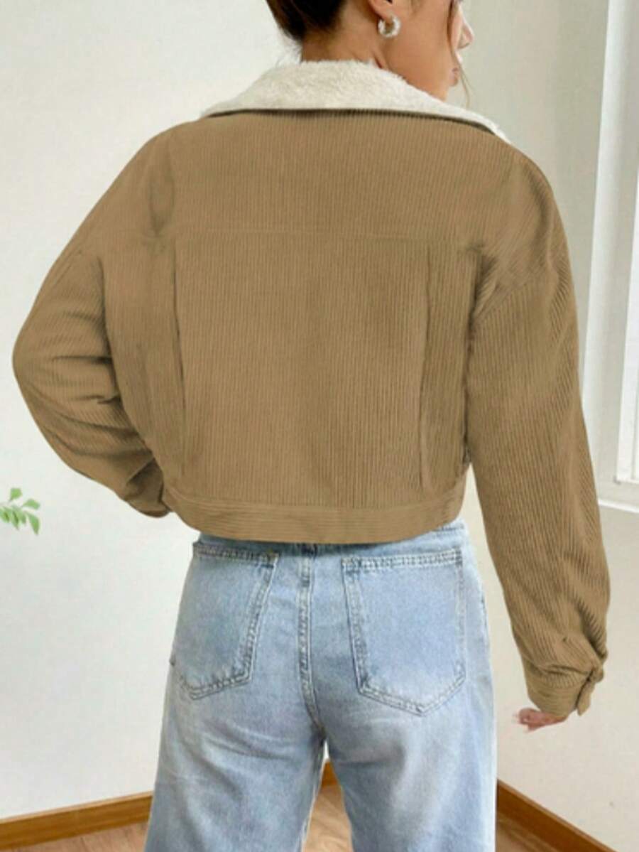 Marisol Fleece Lined Corduroy Jacket with Button Front - Khaki