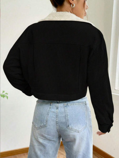 Marisol Fleece Lined Corduroy Jacket with Button Front - Black