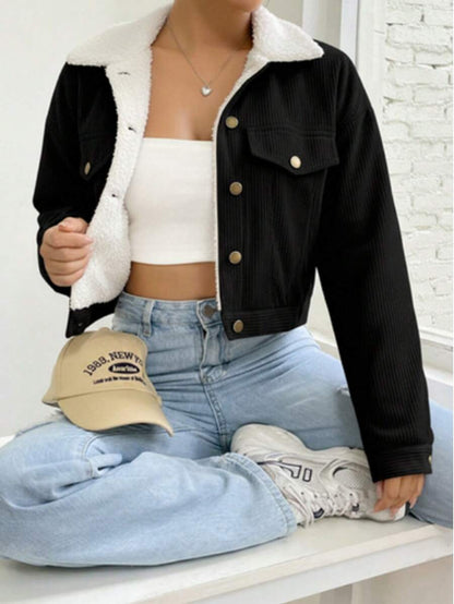 Marisol Fleece Lined Corduroy Jacket with Button Front - Black
