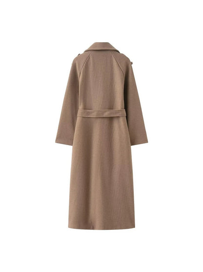 Laurel Double Breasted Belted Long Coat with Peak Lapels - Camel