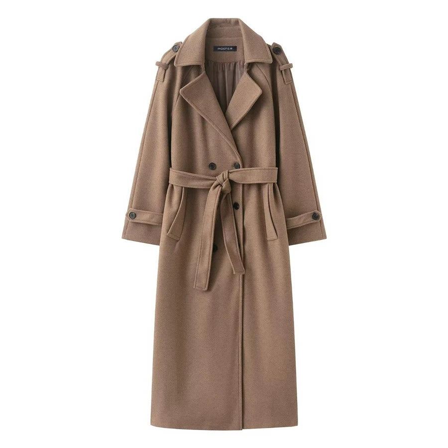 Laurel Double Breasted Belted Long Coat with Peak Lapels - Camel