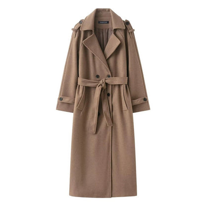 Laurel Double Breasted Belted Long Coat with Peak Lapels - Camel