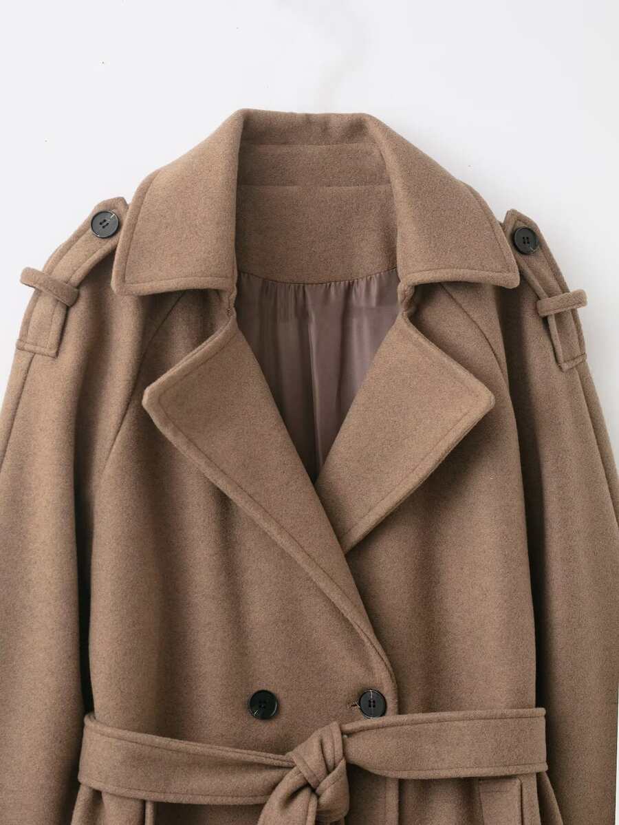 Laurel Double Breasted Belted Long Coat with Peak Lapels - Camel