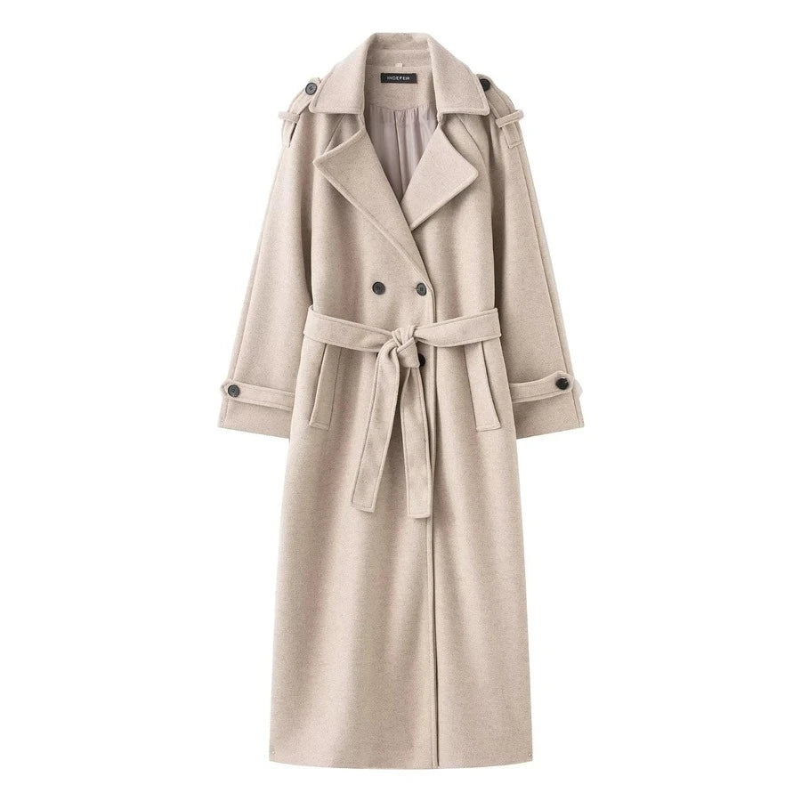 Laurel Double Breasted Belted Long Coat with Peak Lapels - Oatmeal