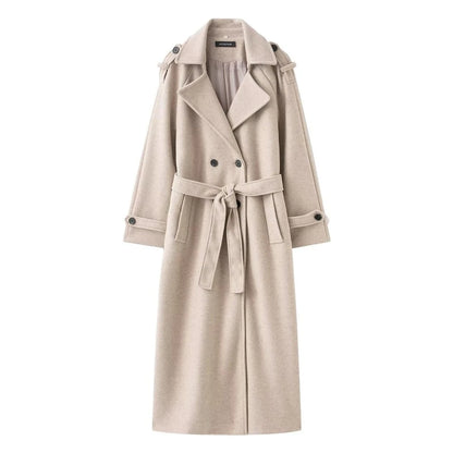 Laurel Double Breasted Belted Long Coat with Peak Lapels - Oatmeal