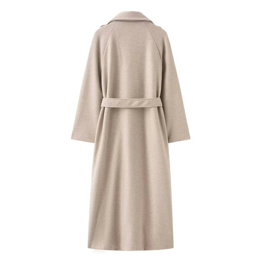 Laurel Double Breasted Belted Long Coat with Peak Lapels - Oatmeal