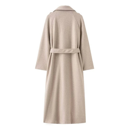 Laurel Double Breasted Belted Long Coat with Peak Lapels - Oatmeal