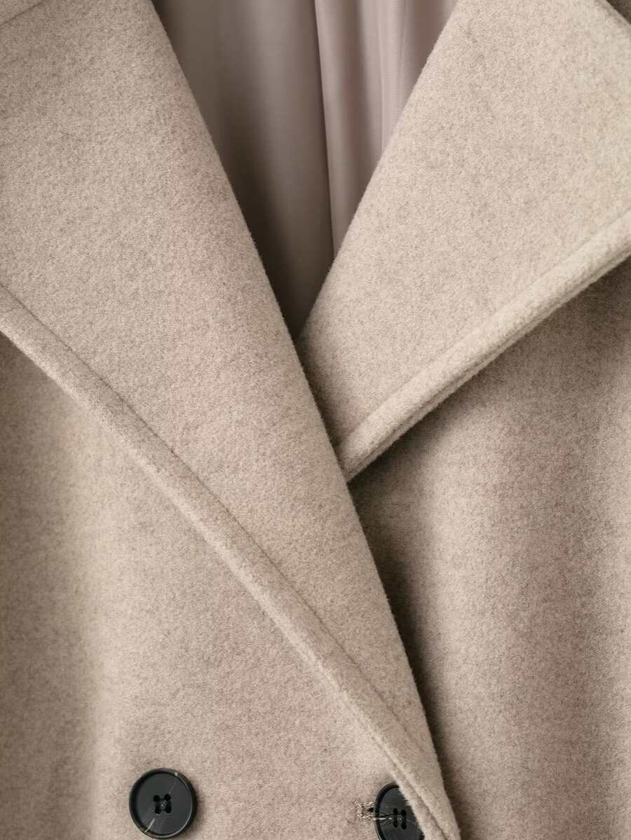 Laurel Double Breasted Belted Long Coat with Peak Lapels - Oatmeal