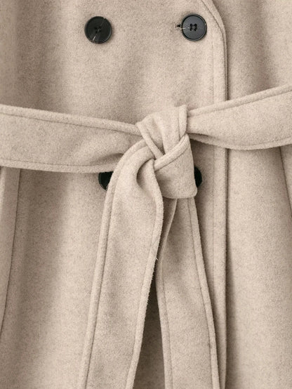 Laurel Double Breasted Belted Long Coat with Peak Lapels - Oatmeal