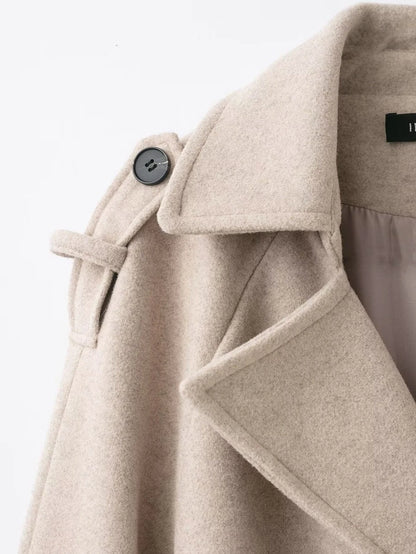 Laurel Double Breasted Belted Long Coat with Peak Lapels - Oatmeal