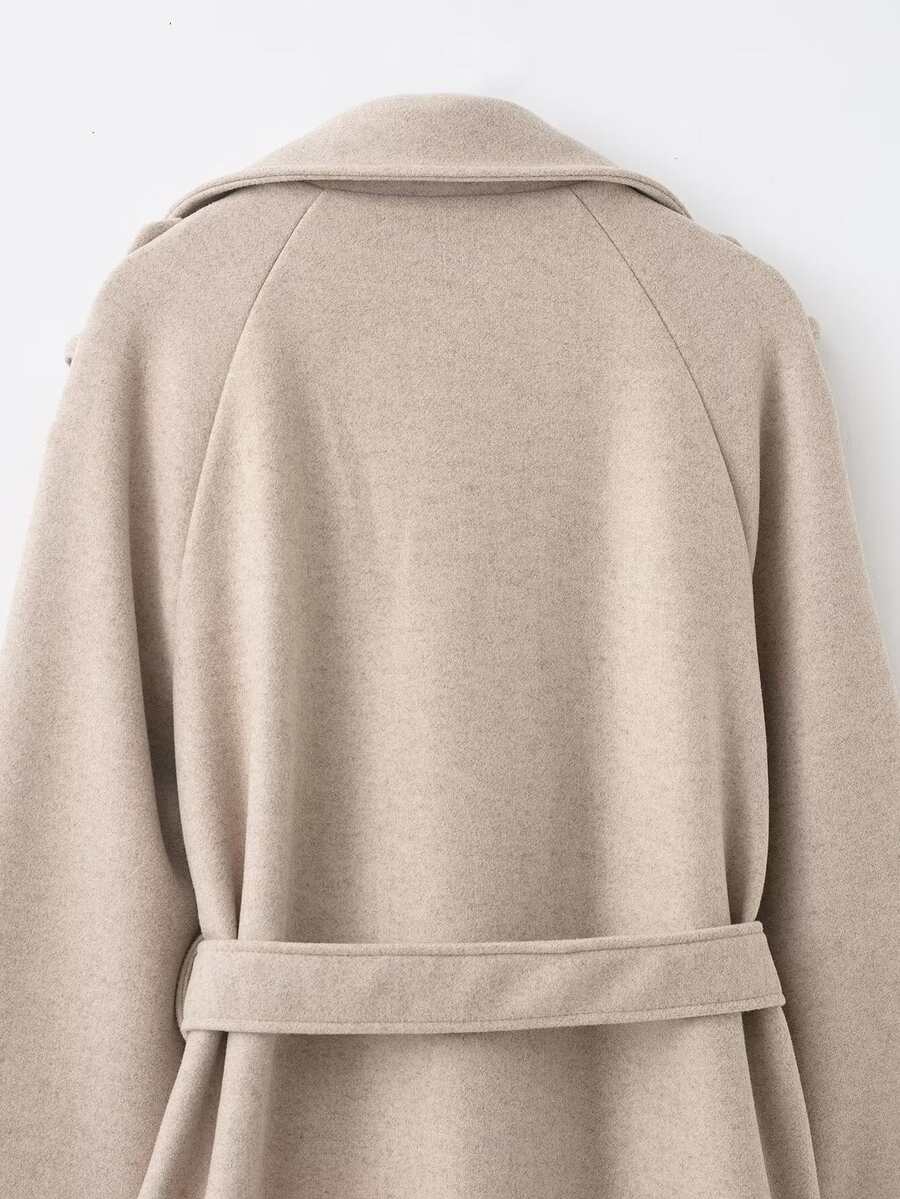 Laurel Double Breasted Belted Long Coat with Peak Lapels - Oatmeal