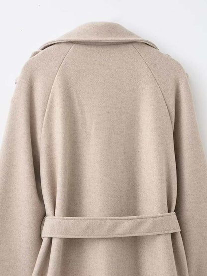 Laurel Double Breasted Belted Long Coat with Peak Lapels - Oatmeal