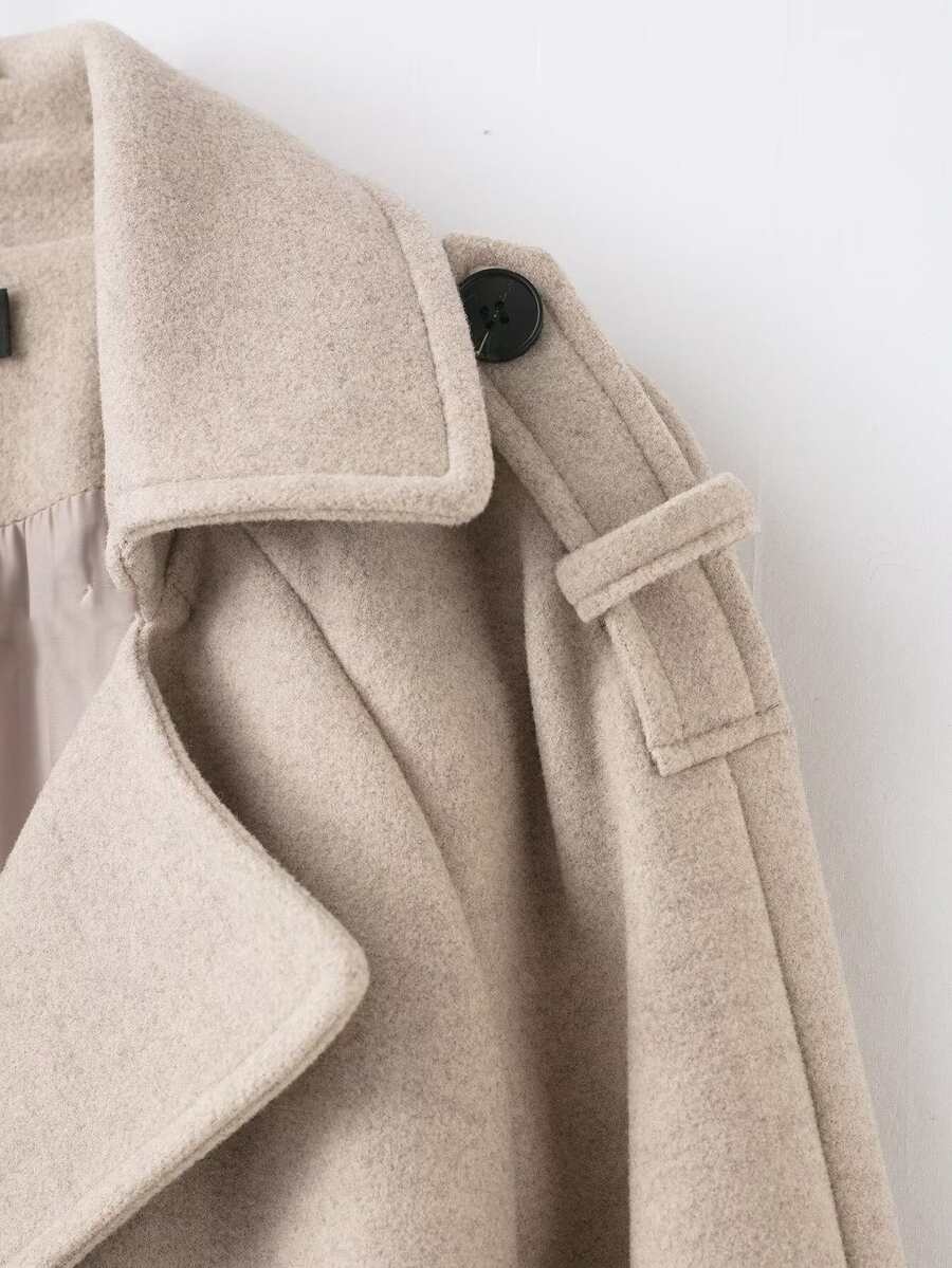 Laurel Double Breasted Belted Long Coat with Peak Lapels - Oatmeal