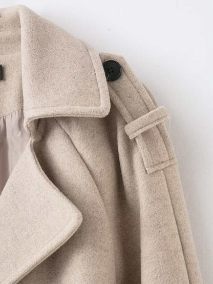 Laurel Double Breasted Belted Long Coat with Peak Lapels - Oatmeal