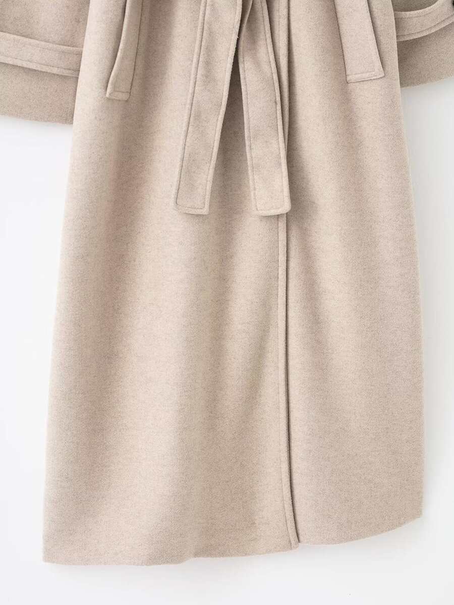 Laurel Double Breasted Belted Long Coat with Peak Lapels - Oatmeal