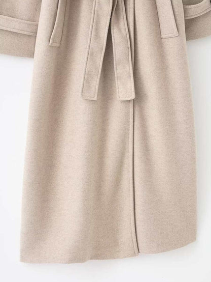 Laurel Double Breasted Belted Long Coat with Peak Lapels - Oatmeal